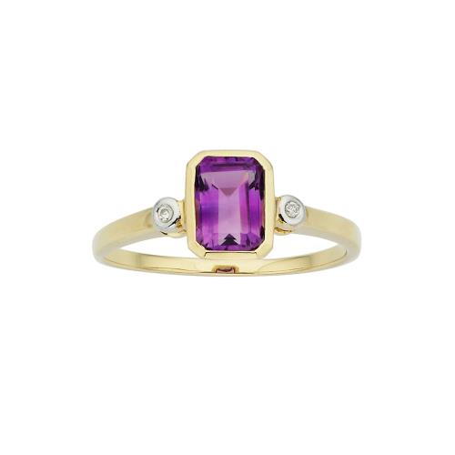 9ct Gold Emerald-Cut Amethyst & Diamond Accent Ring - 5R0077 Gold Earrings 