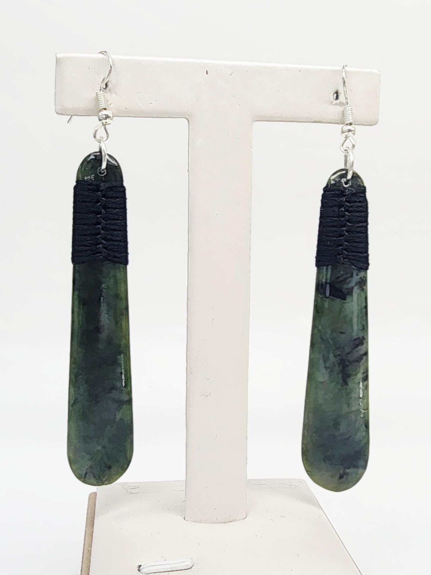 Greenstone Long Drop Earrings with Black Cord Binding & Sterling Silver Hooks – 72mm Greenstone?Jewellery 