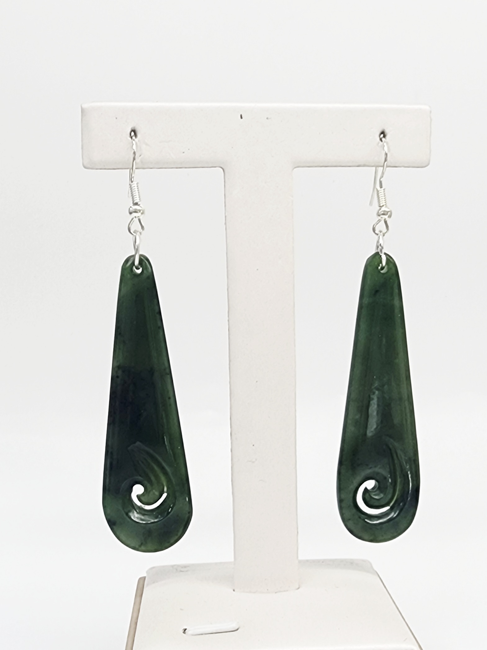 Greenstone Long Hook Earrings with Sterling Silver Hooks – 62mm Drop with Koru Cutout Greenstone?Jewellery 