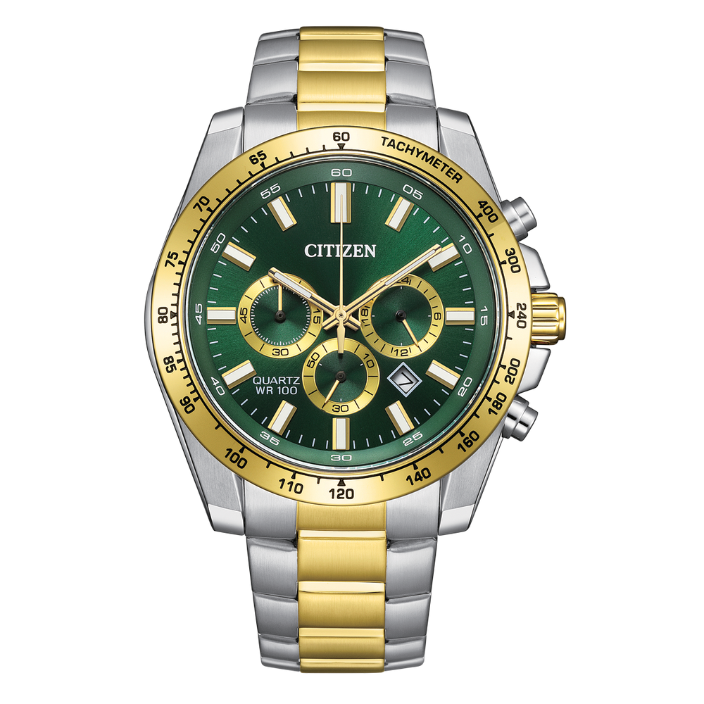 Citizen AN8234-58X Men’s Quartz Chronograph Watch – Two-Tone Stainless Steel, Green Dial, 100m Water Resistance Citizen Eco-Drive 