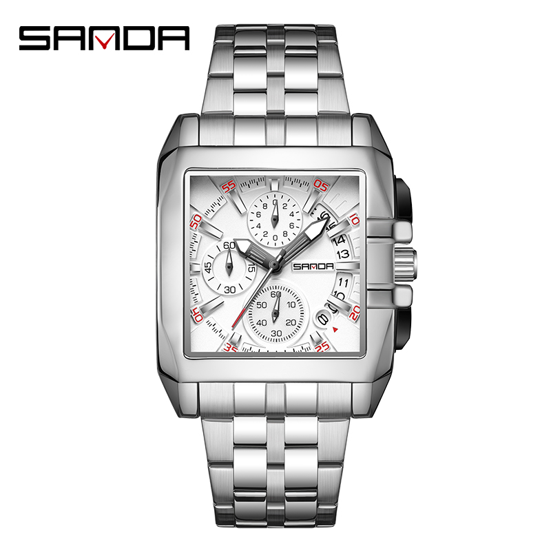 SANDA 5302 Square Men's Quartz Stainless Steel Water Resist Chrono Watch Seiko 