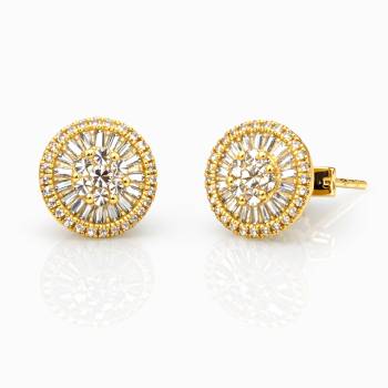 18ct Yellow Gold Natural Diamond Halo Stud Earrings 0.43ct – Round & Baguette - 18KR31199EL Gold Rings 