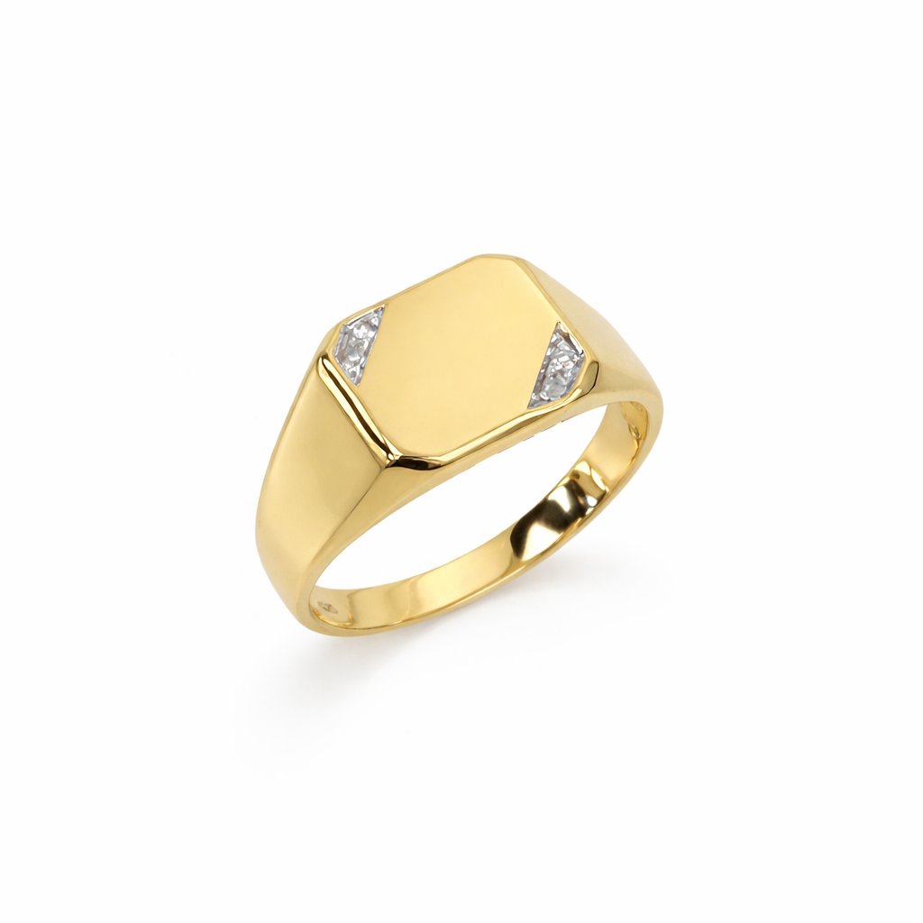 9ct Yellow Gold Gents Signet Ring with 0.02ct Natural Diamond 4 Claw Set, 10.90 x 11.50mm Top - 9YGD2154 Gold Rings 