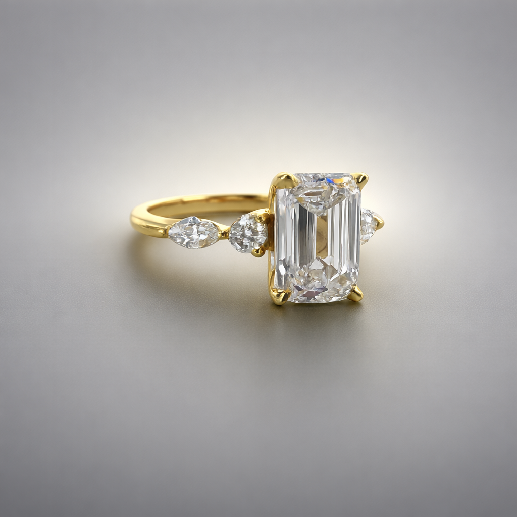 9ct Yellow Gold 3.60ct Lab Diamond Emerald-Cut Halo-Style Ring (EF/VS) - 9YGAURG1861 Gold Rings 
