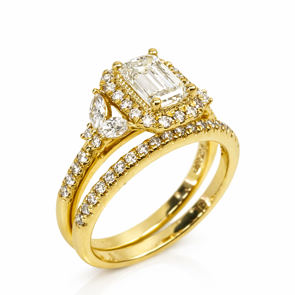 9ct Yellow Gold Lab Grown Diamond Bridal Set 1.70ct (1.06ct Emerald Cut Halo) EF/VS - 9YGAURG1858 Gold Rings 