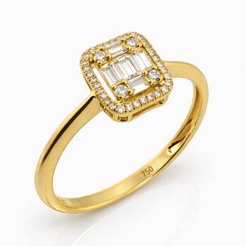 18ct Yellow Gold Baguette & Round Diamond Halo Ring – 0.15ct TDW - 18KR35808AL Gold Rings 