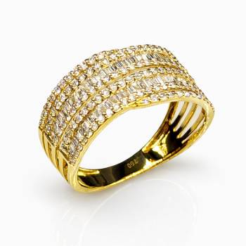 18ct Yellow Gold Multi-Row Natural Diamond Ring 0.74ct TDW – Round & Baguette Cut Statement Band - 18KR46180L Gold Rings 