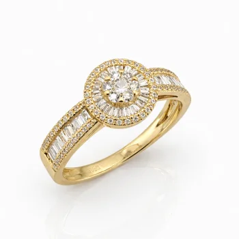 18ct Yellow Gold Natural Diamond Halo Ring 0.42ct TDW Round & Baguette Cut - 18KR29957AL Gold Rings 