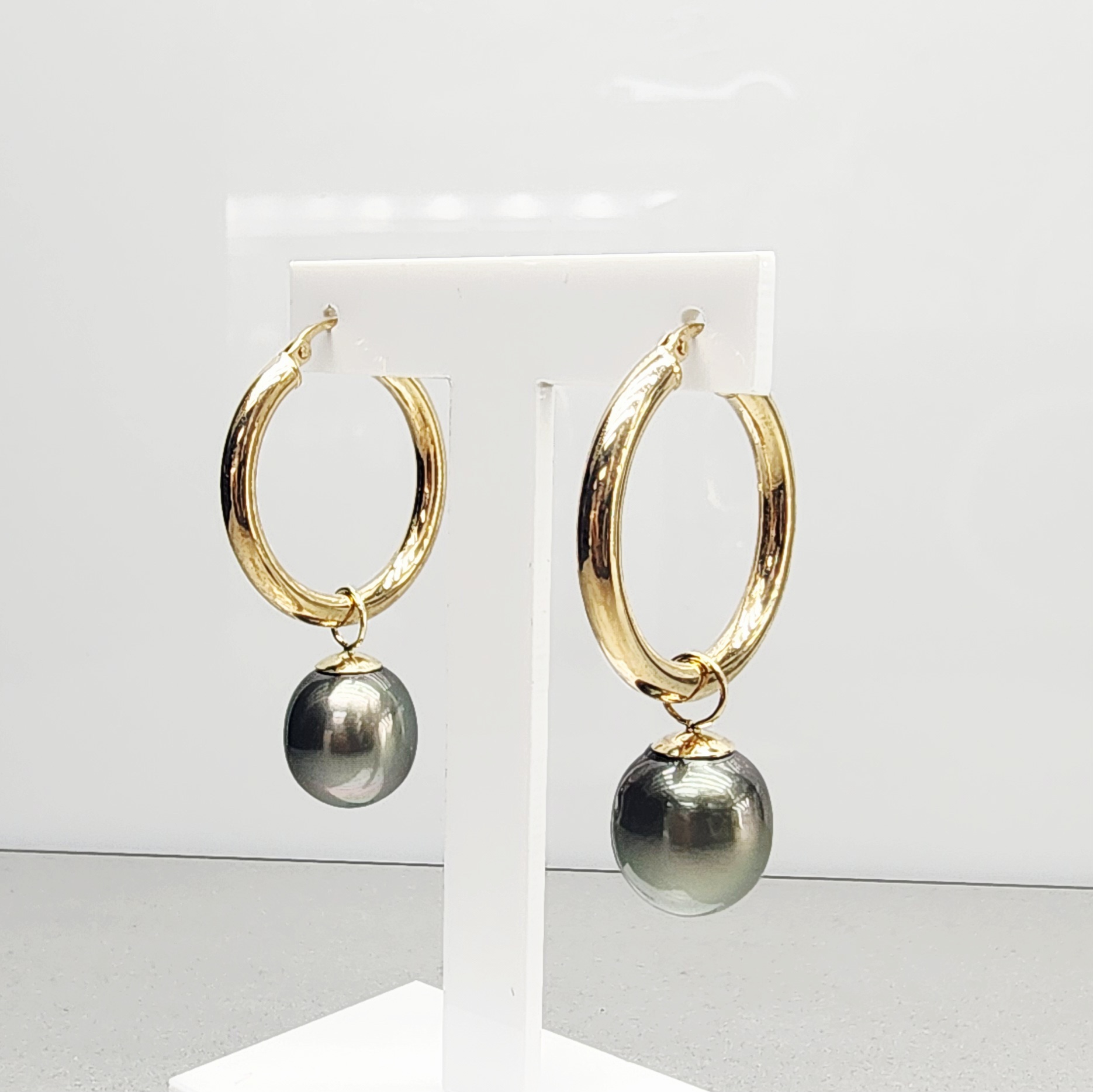 9ct Yellow Gold Tahitian Black Pearl Hoop Earrings 11.5–12.0mm Peacock Pearls - 9CTPPZ  