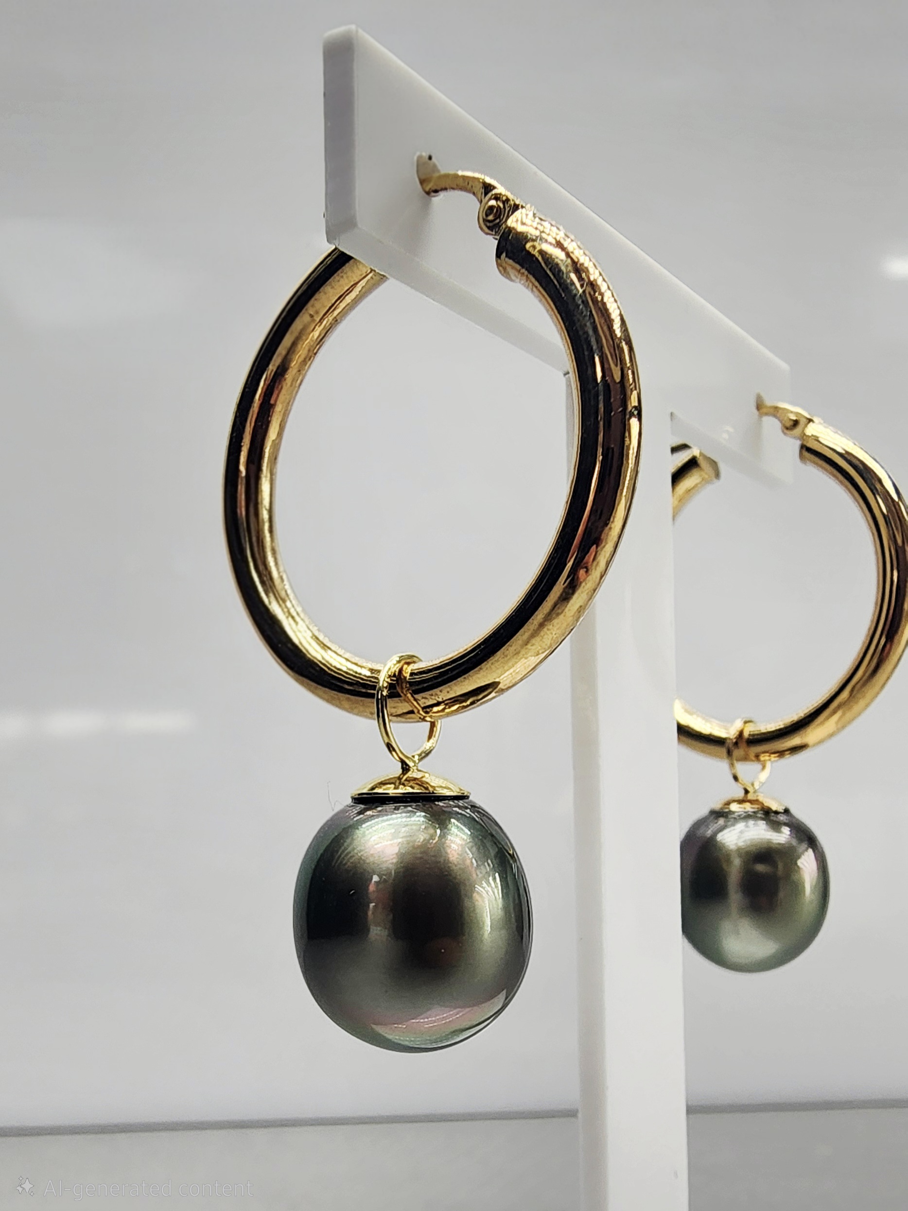 9ct Yellow Gold Tahitian Black Pearl Hoop Earrings 11.5–12.0mm Peacock Pearls - 9CTPPZ 9ct Yellow Gold Tahitian Black Pearl Hoop Earrings 11.5–12.0mm Peacock Pearls - 9CTPPZ