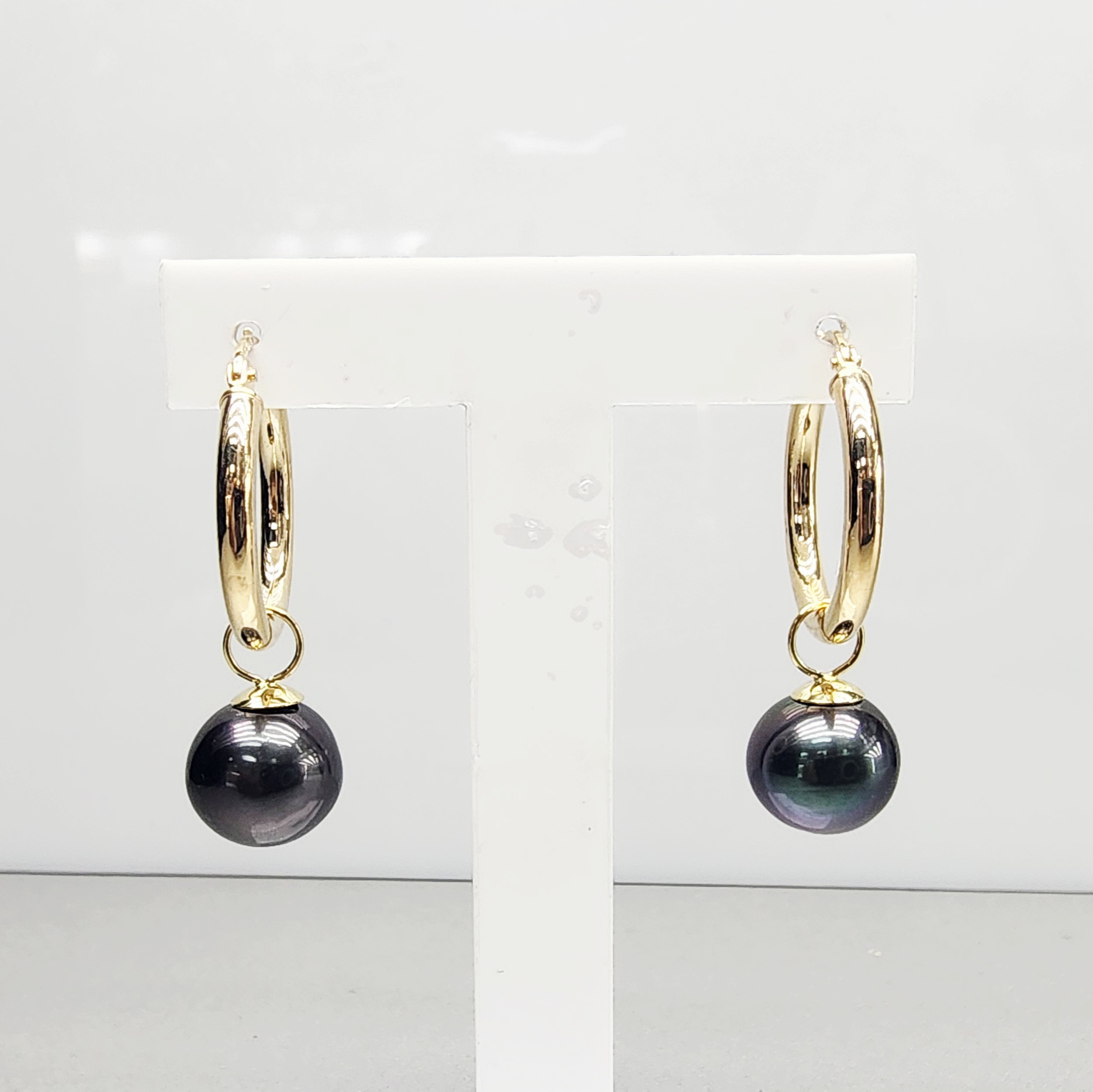 9ct Yellow Gold Tahitian Black Pearl Hoop Earrings 10.5–11.0mm High Lustre Pearls - 9CTTLZ  