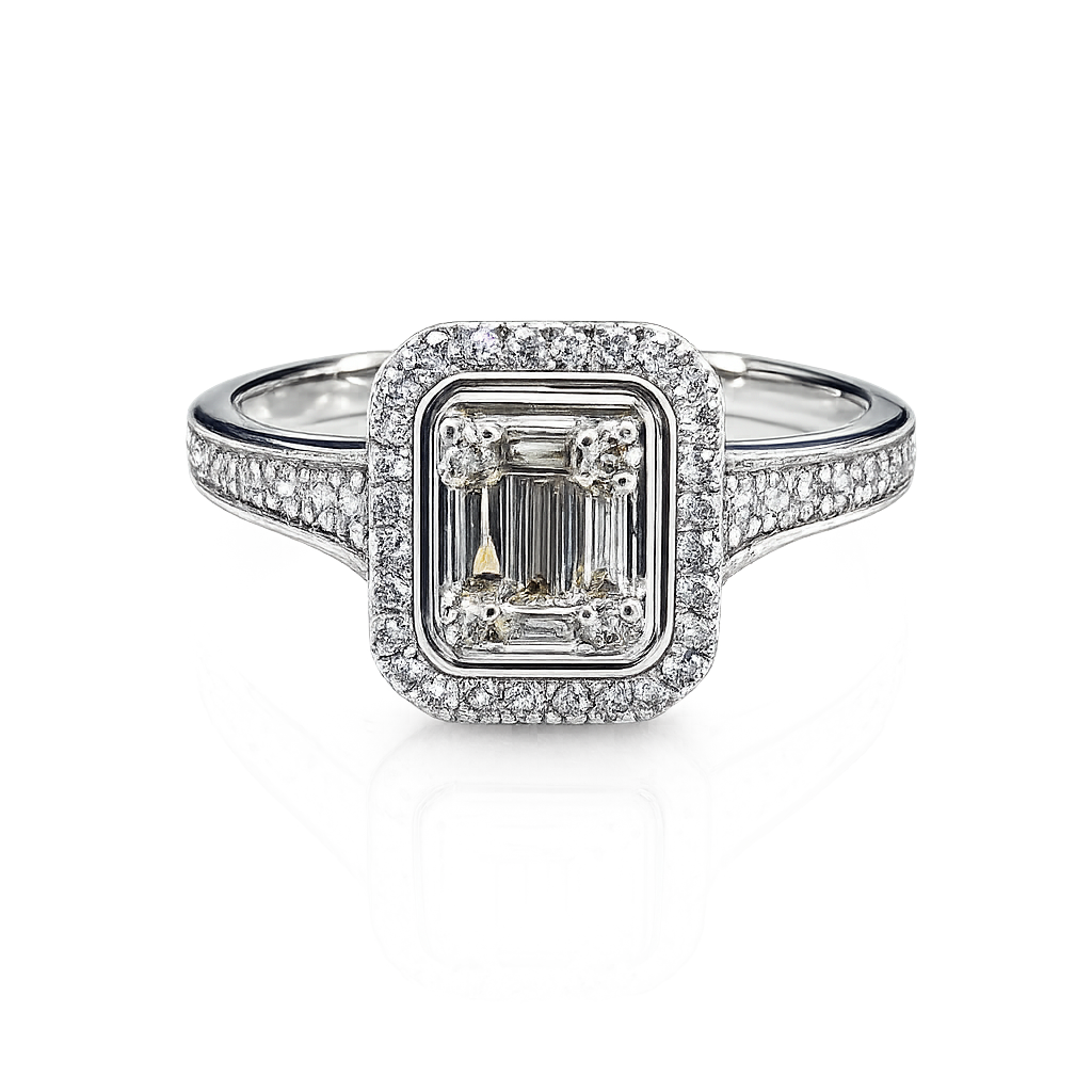 9ct White Gold Emerald Halo Diamond Ring 0.33ct Natural Baguette & Round Cut Diamonds - IGR37613 Gold Rings 9ct White Gold Emerald Halo Diamond Ring 0.33ct Natural Baguette & Round Cut Diamonds - IGR37613 Gold Rings