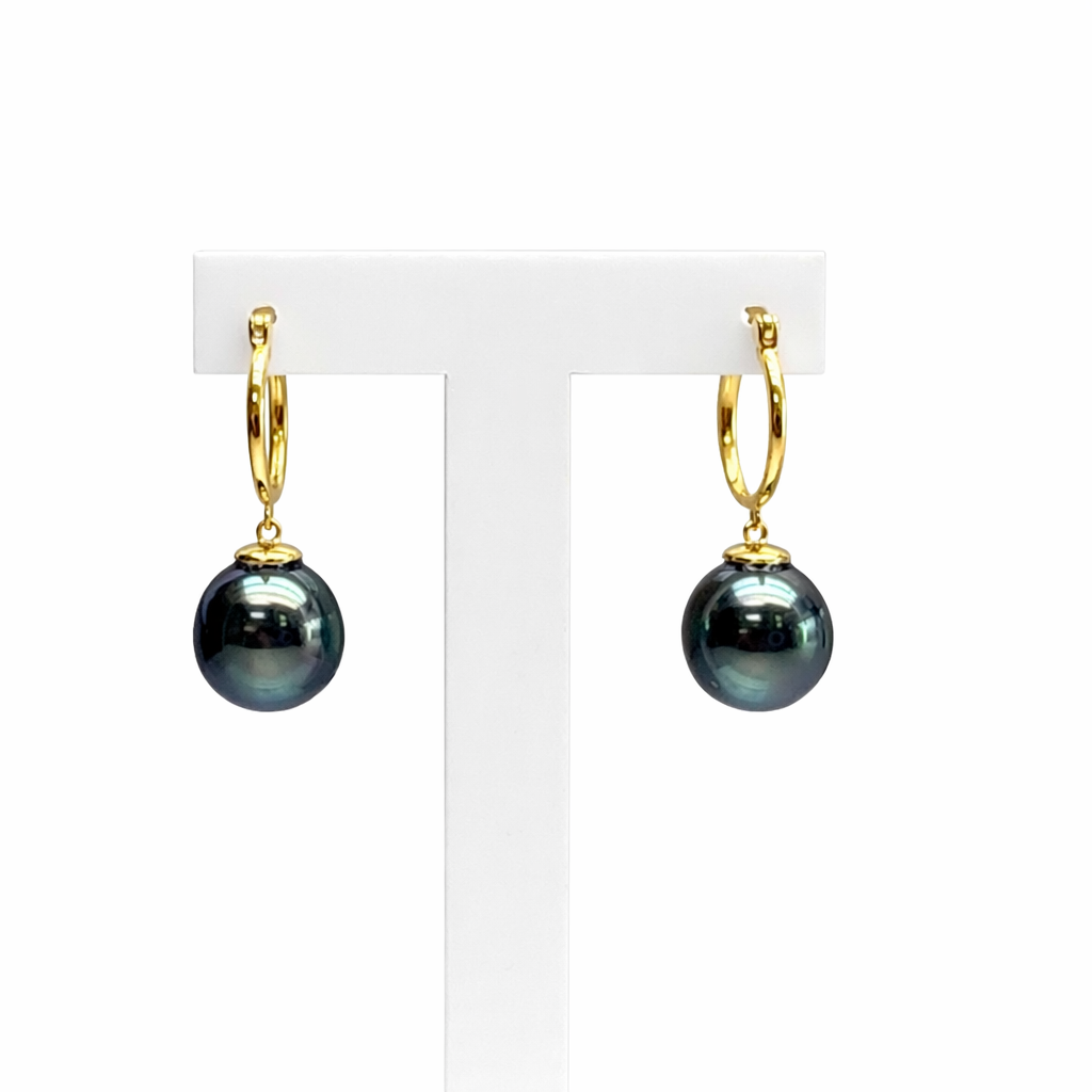 9ct Yellow Gold Tahitian Black Pearl Hoop Earrings 10.5–11.0mm Peacock Pearls - 9CTTZZ 9ct Yellow Gold Tahitian Black Pearl Hoop Earrings 10.5–11.0mm Peacock Pearls - 9CTTZZ