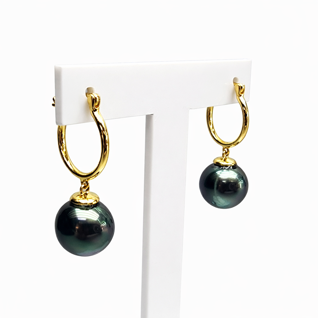 9ct Yellow Gold Tahitian Black Pearl Hoop Earrings 10.5–11.0mm Peacock Pearls - 9CTTZZ  
