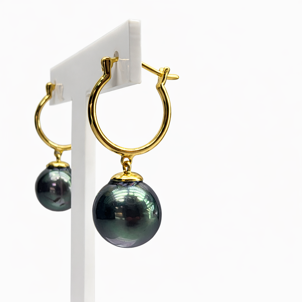 9ct Yellow Gold Tahitian Black Pearl Hoop Earrings 10.5–11.0mm Peacock Pearls - 9CTTZZ 9ct Yellow Gold Tahitian Black Pearl Hoop Earrings 10.5–11.0mm Peacock Pearls - 9CTTZZ