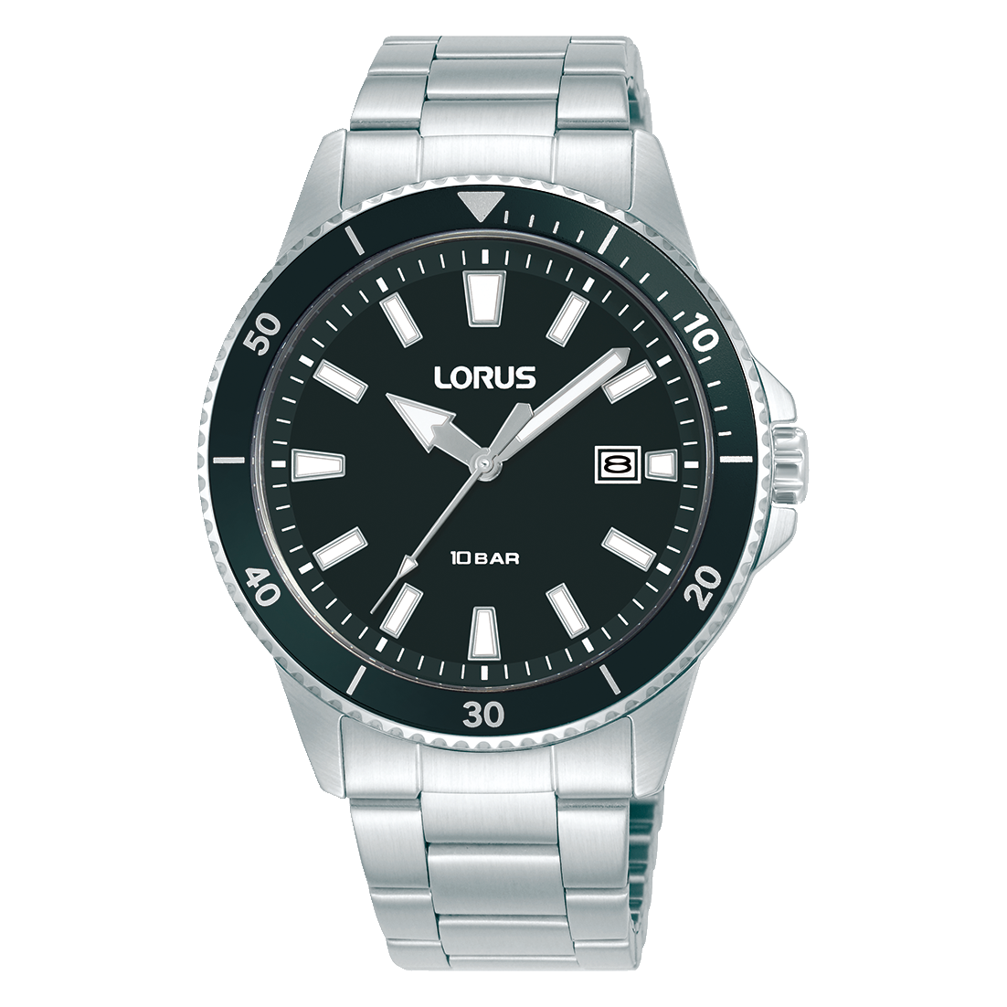 Lorus Gents Stainless Steel Watch – Black Dial, Date Display, 100m Water Resistant (RH999RX9) LORUS 