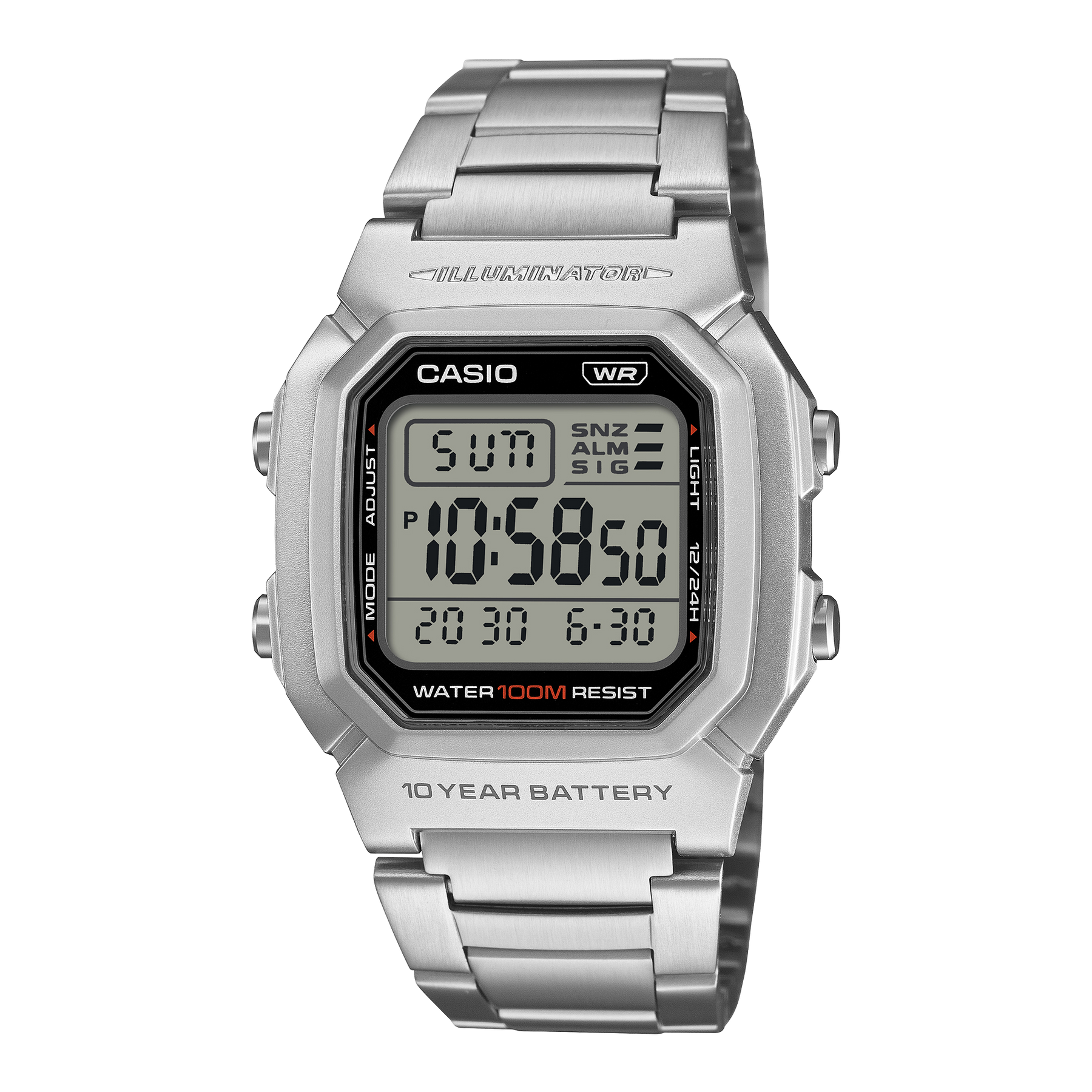 CASIO Digital 100M WR, 10Yr Battery Stainless Steel Band & Case - W800HD-1A CASIO 