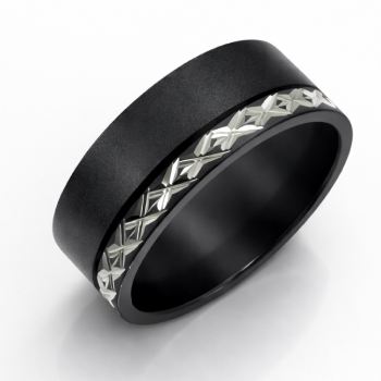 Black Zirconium Hand-Carved Ring – 8mm Matte Finish with Silver-Grey Pattern Inlay - WD27TNZ-C8-LG-ZB Gold Rings, Men's Gold Rings 