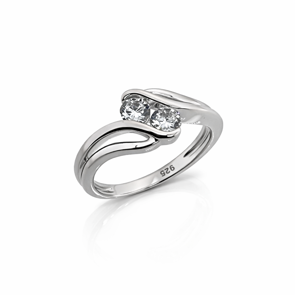 Sterling Silver Two Stone Round Cubic Zirconia Ring – Modern Wave Design 9mm Top - PT1636 Gold Rings, Men's Gold Rings 