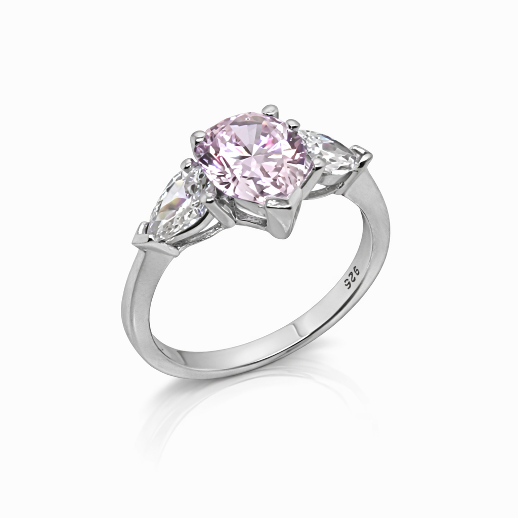 Sterling Silver Pear Cut Light Pink Cubic Zirconia Trilogy Ring – 7x9mm Centre Stone - PT1907 Gold Rings, Men's Gold Rings 