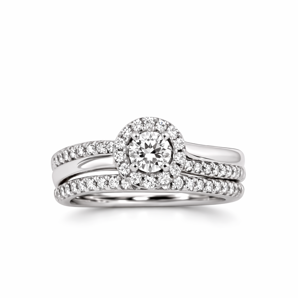 9ct White Gold Diamond Halo Bridal Set 0.38ct – 2PC Engagement Ring & Curved Wedding Band - 9WIR1292 Gold Rings, Men's Gold Rings 9ct White Gold Diamond Halo Bridal Set 0.38ct – 2PC Engagement Ring & Curved Wedding Band - 9WIR1292 Gold Rings, Men's Gold Rings