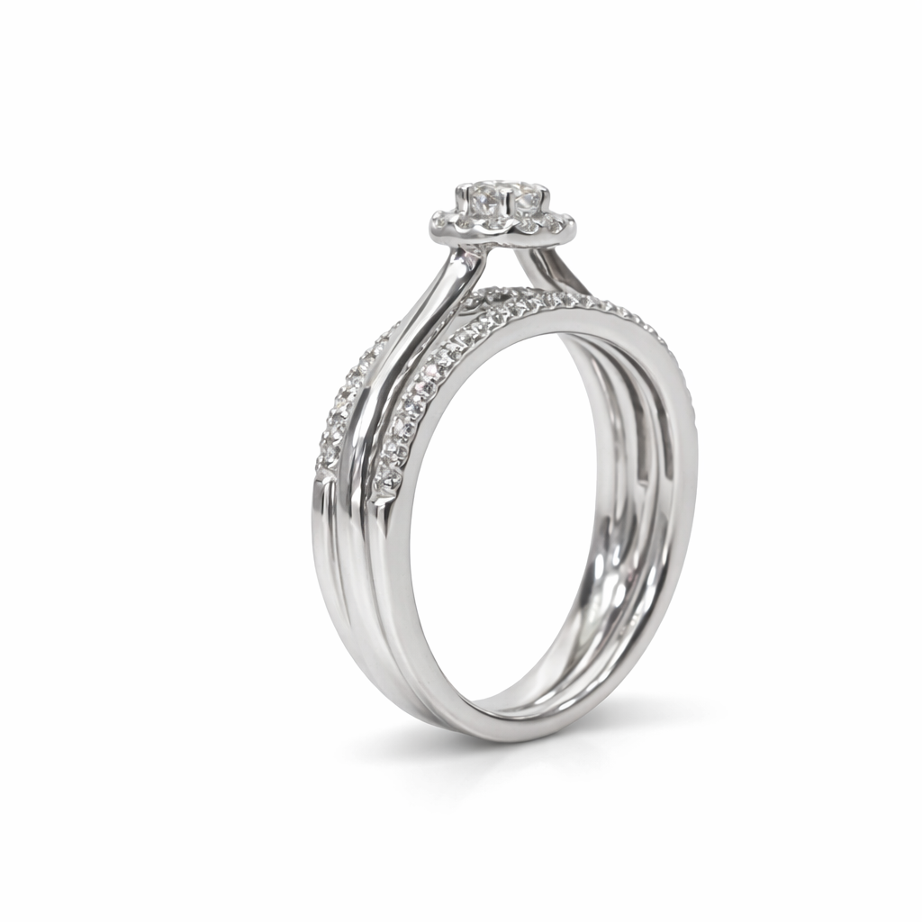 9ct White Gold Diamond Halo Bridal Set 0.38ct – 2PC Engagement Ring & Curved Wedding Band - 9WIR1292 Gold Rings, Men's Gold Rings 9ct White Gold Diamond Halo Bridal Set 0.38ct – 2PC Engagement Ring & Curved Wedding Band - 9WIR1292 Gold Rings, Men's Gold Rings