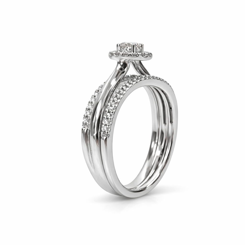 9ct White Gold Diamond Halo Bridal Set 0.38ct – 2PC Engagement Ring & Curved Wedding Band - 9WIR1292 Gold Rings, Men's Gold Rings 9ct White Gold Diamond Halo Bridal Set 0.38ct – 2PC Engagement Ring & Curved Wedding Band - 9WIR1292 Gold Rings, Men's Gold Rings