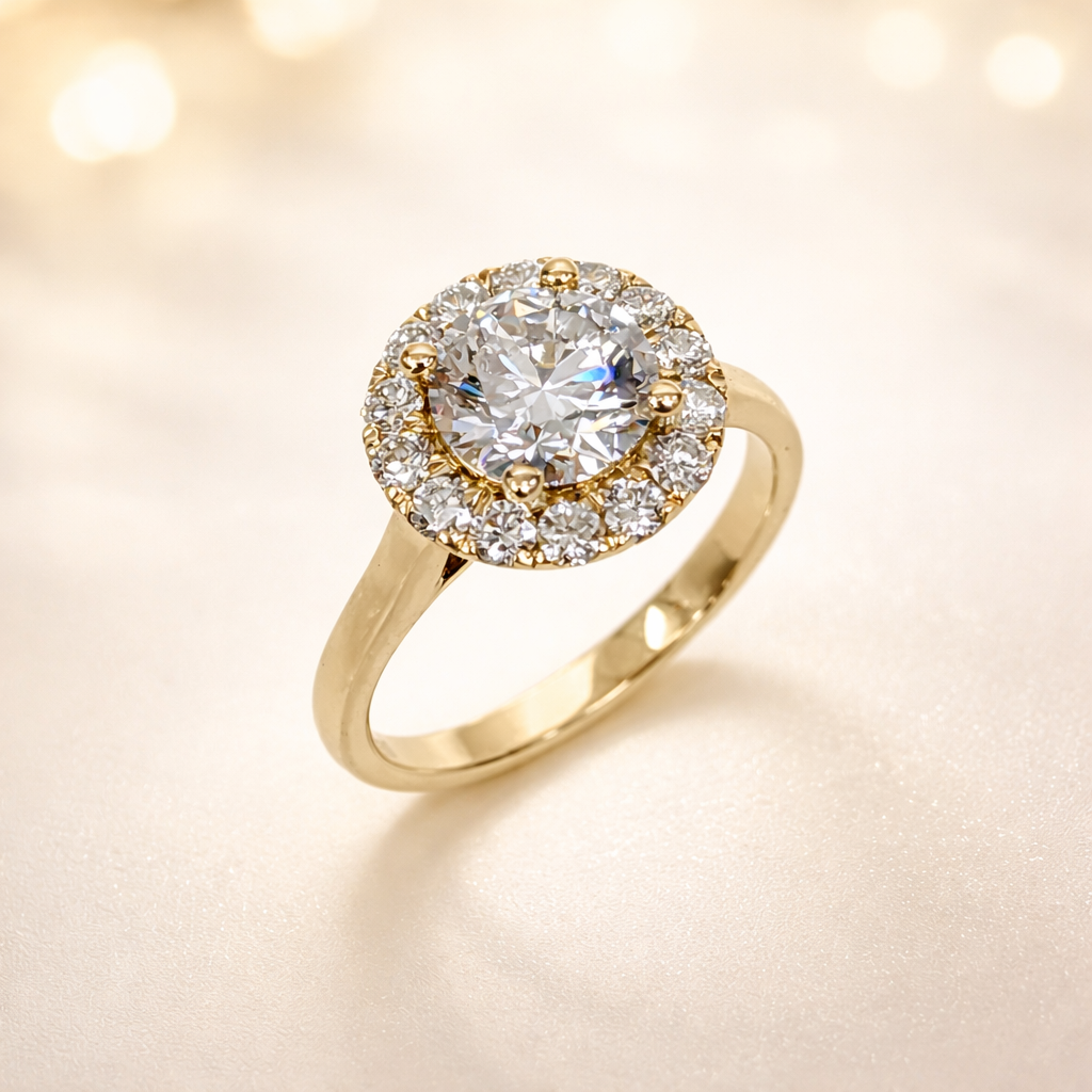 9ct Yellow Gold 2.05ct Lab Grown Diamond Halo Ring – 1.53ct Centre | EF VS Round Brilliant Cluster Ring - AURG854 Gold Earrings 