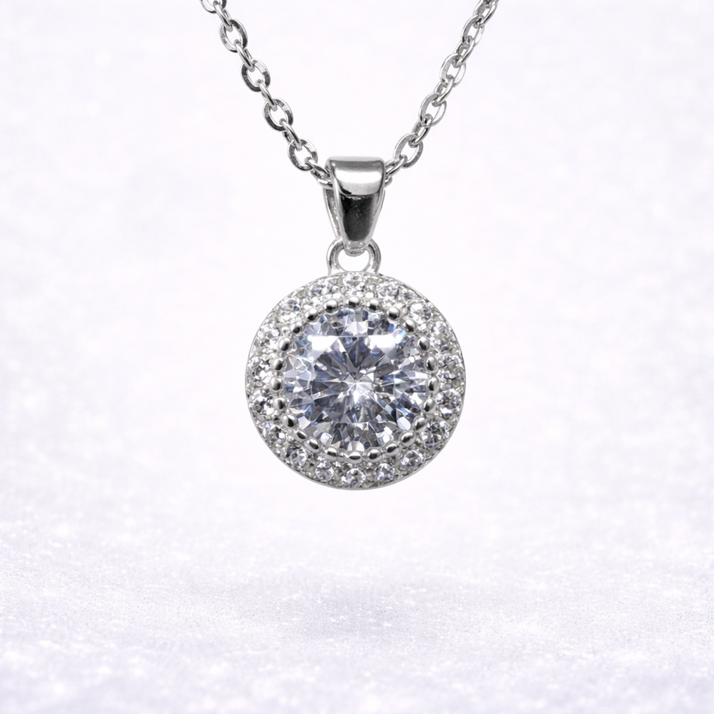 Sterling Silver Round CZ Halo Pendant Necklace – Micro Claw Set Centre with Sparkling Halo - V08228HP  