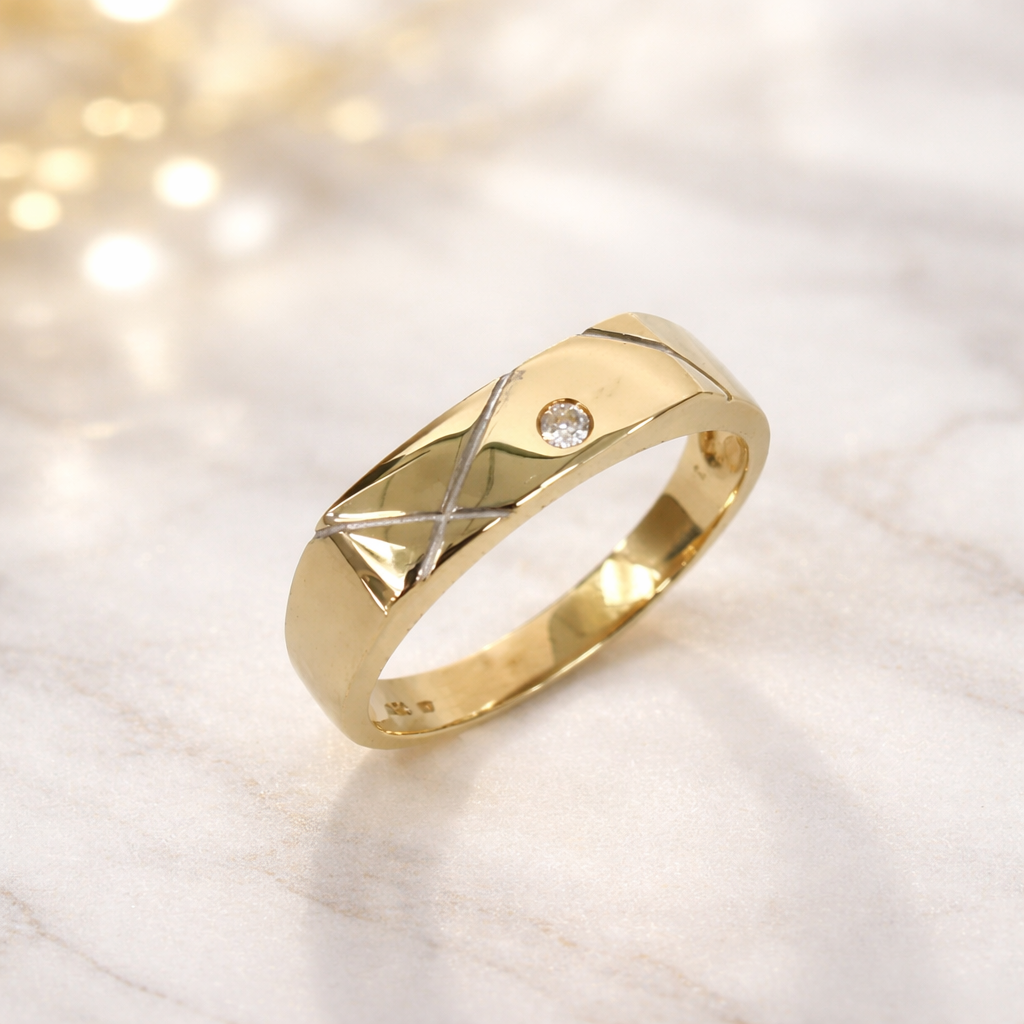 9ct Yellow Gold Gents Ring with Round Cut CZ – 5.60mm Classic Pattern Design - 9CTD4332 Gold Earrings 