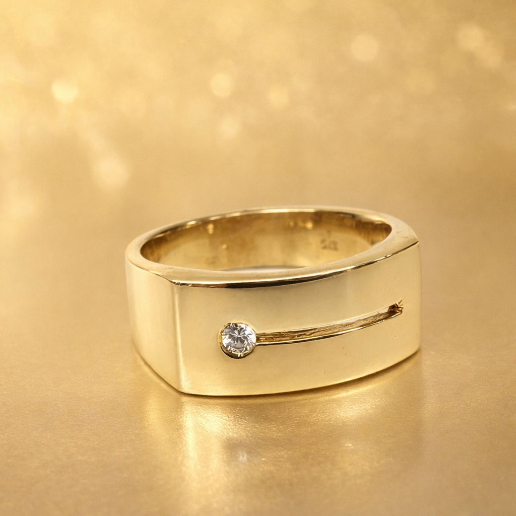 9ct Yellow Gold Gents Ring with Round Cut CZ – Tapered 9.20mm to 5.20mm Band - 9CTD4220 Gold Earrings 