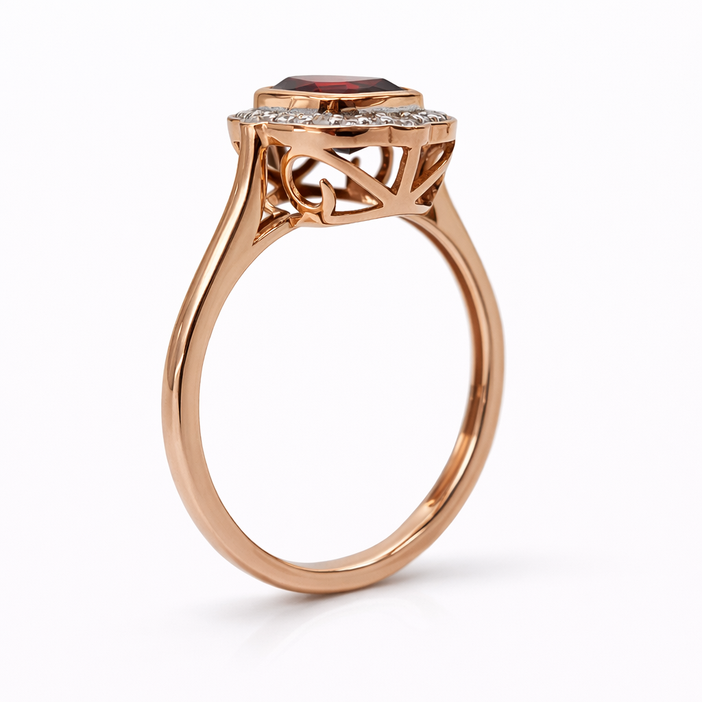 9ct Rose Gold Garnet & Diamond Halo Ring – Oval Rubover Set Design - D/A118/9R Gold Earrings 9ct Rose Gold Garnet & Diamond Halo Ring – Oval Rubover Set Design - D/A118/9R Gold Earrings