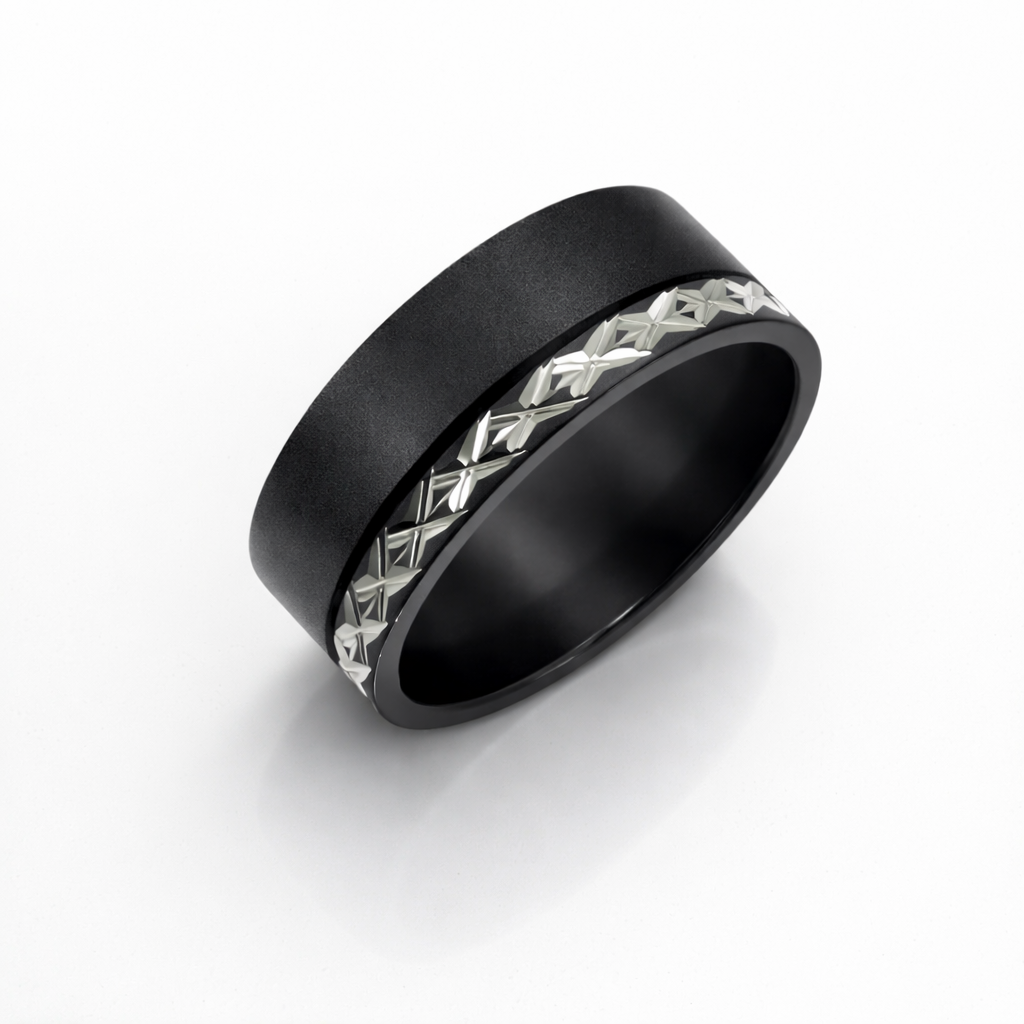 Black Zirconium Hand-Carved Ring – 8mm Matte Finish with Silver-Grey Pattern Inlay - WD27TNZ-C8-LG-ZB Gold Rings, Men's Gold Rings 