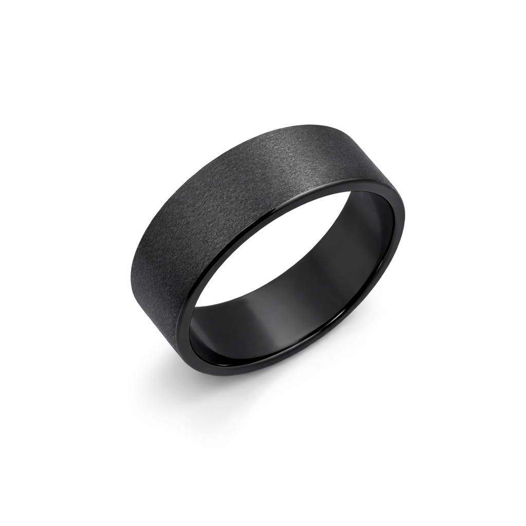 Black Zirconium Sanded Finish Ring – 7mm Flat Profile Men's Band - WD571Z-C7-MD-ZB Gold Rings, Men's Gold Rings 