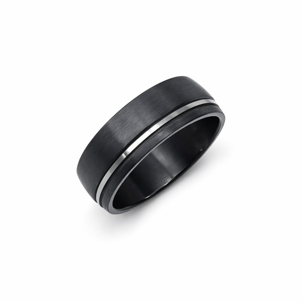 Black Zirconium Half Round Ring with Silver-Grey Groove, 8.3mm Modern Men’s Wedding Band - WD658Z-C8-MD-ZB Gold Rings, Men's Gold Rings 