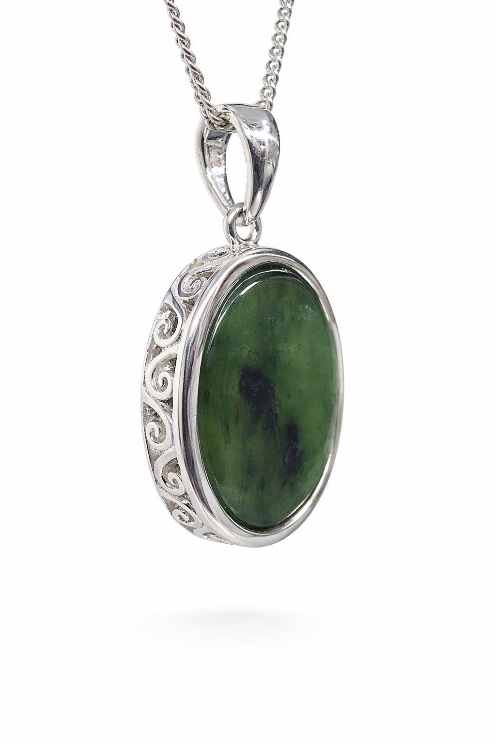 Sterling Silver Oval New Zealand Greenstone Pendant with Filigree Koru Edge 16mm x 21mm - SSRDZ Gold Rings, Men's Gold Rings 