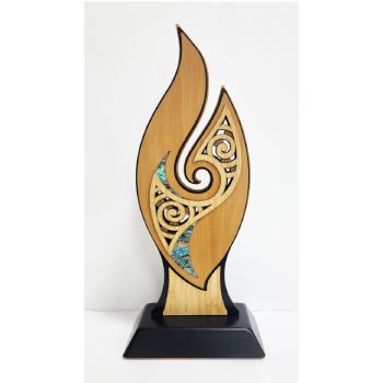 Large Flame Award – NZ Rimu & Paua Inlay Contemporary Artwork (370mm) - ALFL Large Flame Award – NZ Rimu & Paua Inlay Contemporary Artwork (370mm) - ALFL