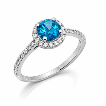 Sterling Silver Blue Topaz Colour CZ Halo Ring – 6mm Round Centre Stone - PT2020 Gold Rings, Men's Gold Rings 
