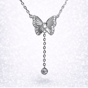 Sterling Silver CZ Butterfly Drop Pendant Necklace – Marquise Centre with CZ Halo Wings - YL7391101  