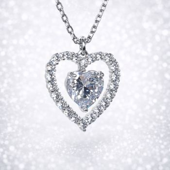 Sterling Silver CZ Heart Pendant Necklace – Open Halo Heart Design with Adjustable Chain - V06546HPT  