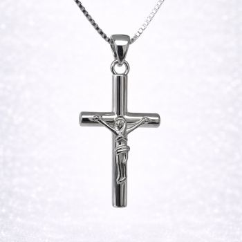 Sterling Silver Crucifix Pendant Necklace – Classic Polished Cross with Box Chain - XL070304B  