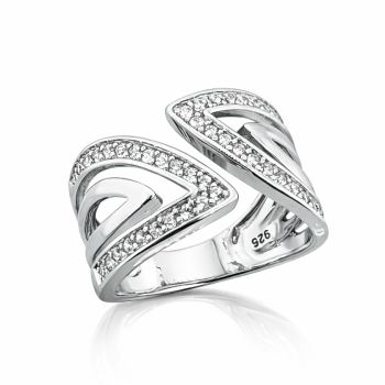 Sterling Silver Double Chevron Ring with Round Cut Cubic Zirconia – 13mm Wide Designer Ring - PT1643 Gold Rings, Men's Gold Rings 