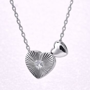 Sterling Silver Double Heart Pendant Necklace with CZ – Diamond Cut & Polished Finish - YL7393101  