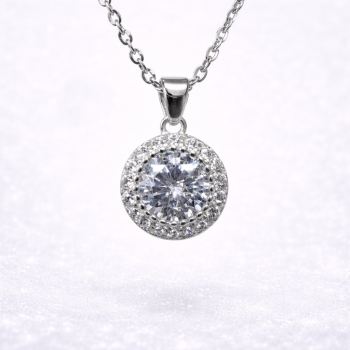 Sterling Silver Round CZ Halo Pendant Necklace – Micro Claw Set Centre with Sparkling Halo - V08228HP  