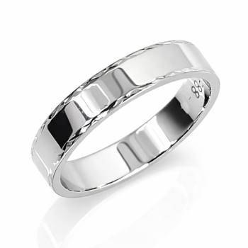9ct White Gold Gents Diamond Cut Edge Ring, 4mm, Size P - F88/4  
