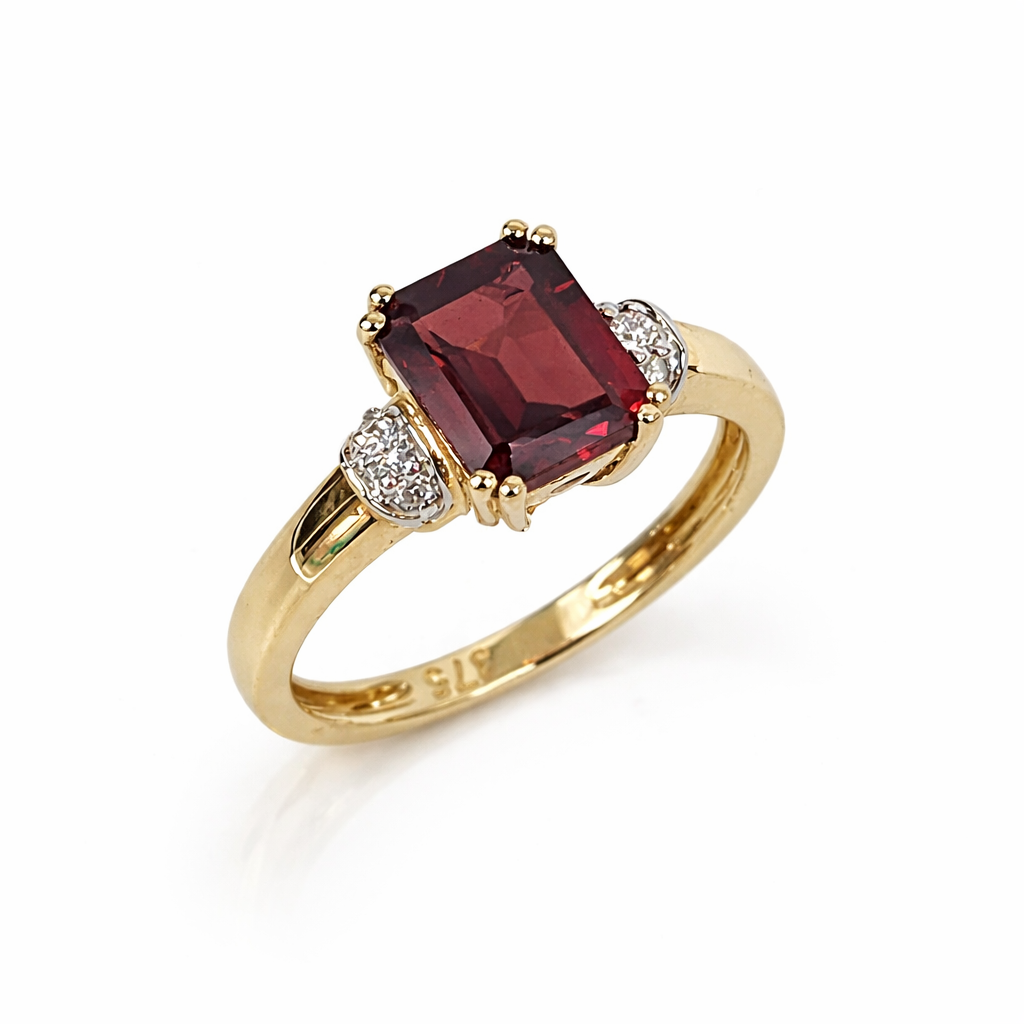 9ct Yellow Gold Emerald Cut Garnet & Diamond Ring - 9CTDA35 Gold Earrings 