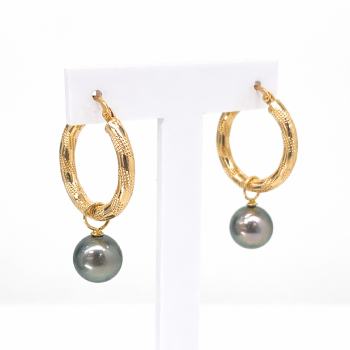 9ct Yellow Gold Hoop Earrings with 9mm-10mm Tahitian Pearls - 9CTRVZ  