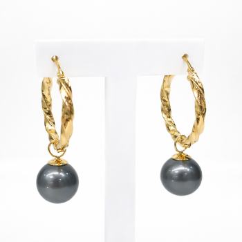 9ct Yellow Gold Hoop Style Tahitian Black Pearl Earrings - 9CTPZZ  