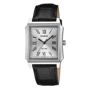 Casio MTPB190L-7B Gents Watch – Silver Dial Rectangular Case, Black Leather Strap, WR50M Classic Dress Watch  
