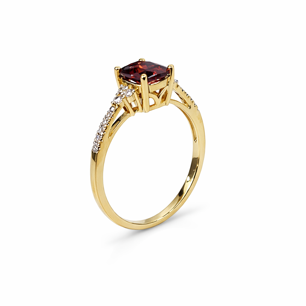 9ct Yellow Gold Cushion Cut Garnet & Diamond Cluster Ring - 9CTD6939 Gold Earrings 9ct Yellow Gold Cushion Cut Garnet & Diamond Cluster Ring - 9CTD6939 Gold Earrings